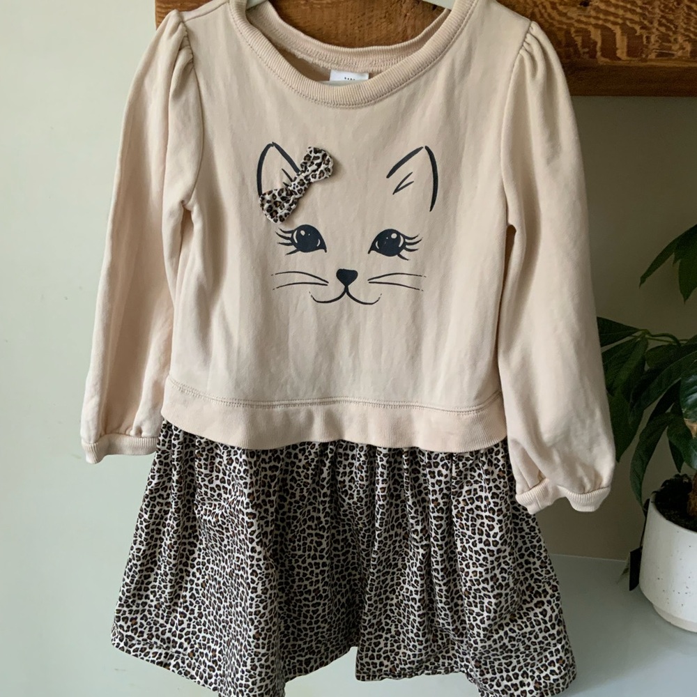 GAP Cream Cat Face Dress with Leopard Bow